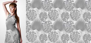 12013v Materiał ze wzorem szare malowanie tropikalne liście (monstera, palmy)